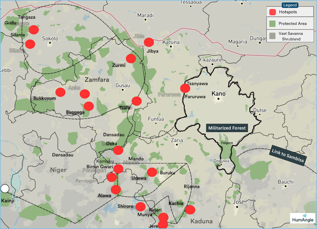 Map showing hotspots in Northern Nigeria with red dots, green protected areas, and militarized zones.