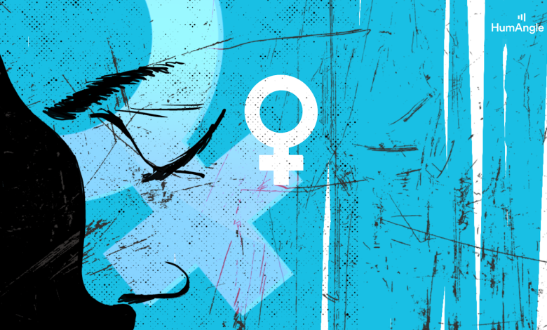 Silhouette of a woman's face on a textured blue background with a female gender symbol.