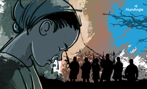 Tearful figure in foreground with a group of armed silhouettes and barbed wire in the background, conveying a sense of conflict and sorrow.