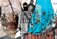Illustration of armed militants wearing masks and holding weapons, with a flag and human eye in the background.