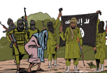 A group of armed figures in green clothing, some masked, with one holding a black flag with white Arabic text.