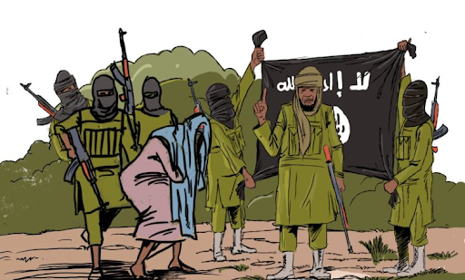 A group of armed figures in green clothing, some masked, with one holding a black flag with white Arabic text.