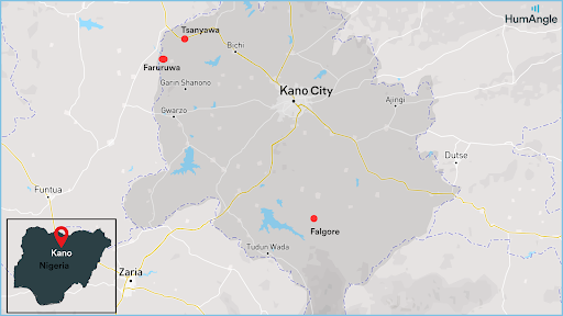 Map highlighting Kano City and surrounding areas in Nigeria, with red markers on Tsanyawa, Faruruwa, and Falogore. Inset shows location in Nigeria.