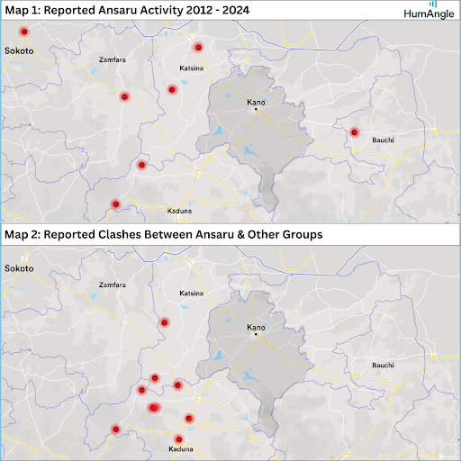 Two maps showing reported Ansaru activity and clashes in Nigeria, highlighting areas in the north and center with red dots.