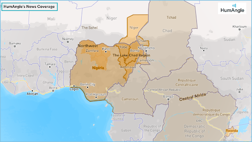 Map highlighting HumAngle's news coverage areas in West and Central Africa, including Nigeria, Niger, and parts of Cameroon and Chad.