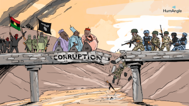 Cartoon showing military and civilians on a crumbling bridge labeled 'corruption' with armed groups and militants on both ends.