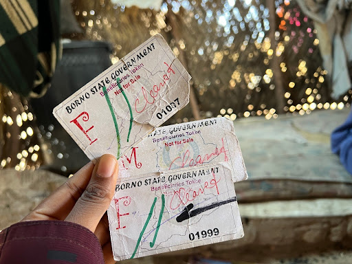 Hand holds three Borno State government tickets with handwritten notes, against a background of sparkling lights.