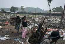 People carrying bundles of sticks walk through a litter-strewn field with trees and mountains in the background.