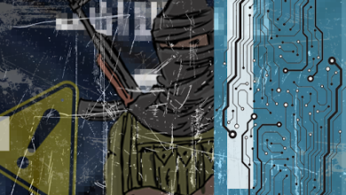 A person with a covered face holding a weapon next to a yellow caution sign and a blue digital circuit pattern.