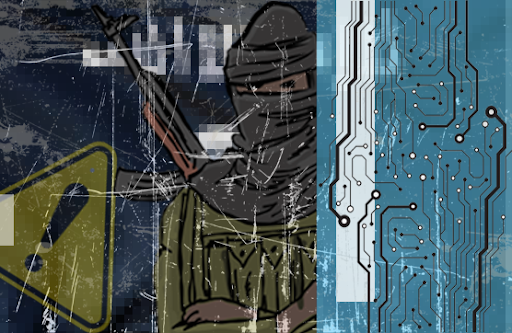 A person with a covered face holding a weapon next to a yellow caution sign and a blue digital circuit pattern.