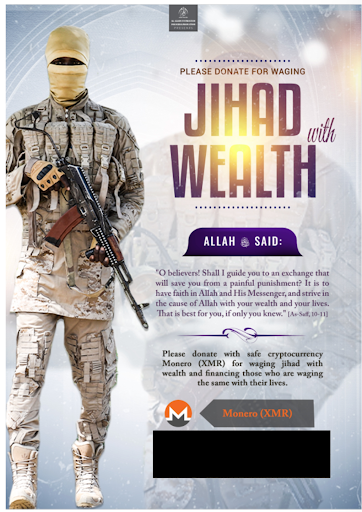 A masked figure in military attire holds a rifle beside a donation request poster advocating funding through Monero cryptocurrency.