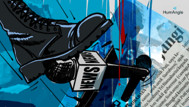 Illustration of a boot stepping on a microphone labeled "News," with a backdrop of newspapers and blue abstract shapes.