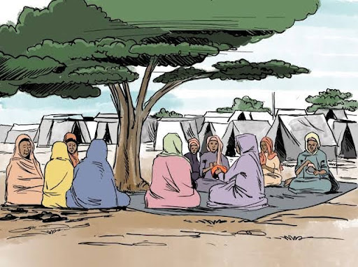 A group of people in colorful clothing sit under a tree near tents, engaging in conversation.
