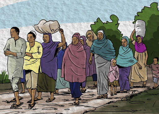 A diverse group of people, including children, walk along a path carrying bundles, with trees in the background.