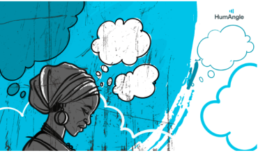 Illustration of a woman in profile with thought bubbles on a blue background, conveying reflection or contemplation.