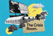 Collage with a Boko Haram billboard, UN tents, military vehicles, and "The Crisis Room" text on paper. Podcast icons below.