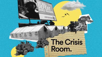 Collage with a Boko Haram billboard, UN tents, military vehicles, and "The Crisis Room" text on paper. Podcast icons below.