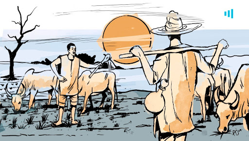 Two farmers with cattle on a grassy field at sunset, one holding a stick over his shoulder, the other gesturing toward the horizon.
