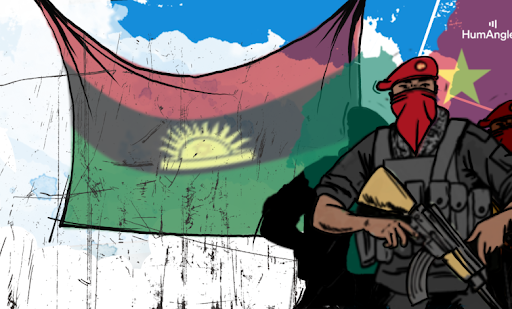 Illustration of armed figures with red bandanas in front of a Biafran flag on a wall with a blue sky background.