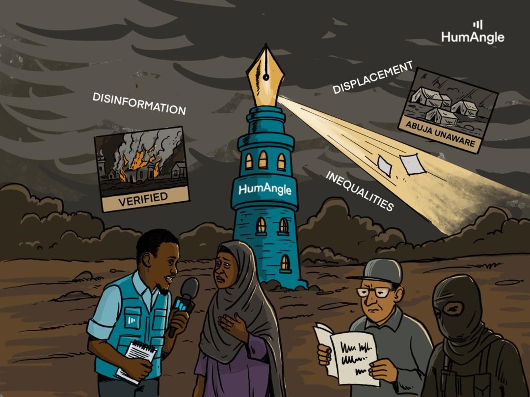Illustration of a reporter and woman talking in front of a HumAngle tower spotlighting issues like disinformation and displacement.