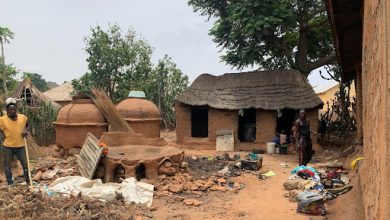 A rural scene with a thatched-roof house, clay structures, scattered items, and two people outside, surrounded by trees and dirt ground.