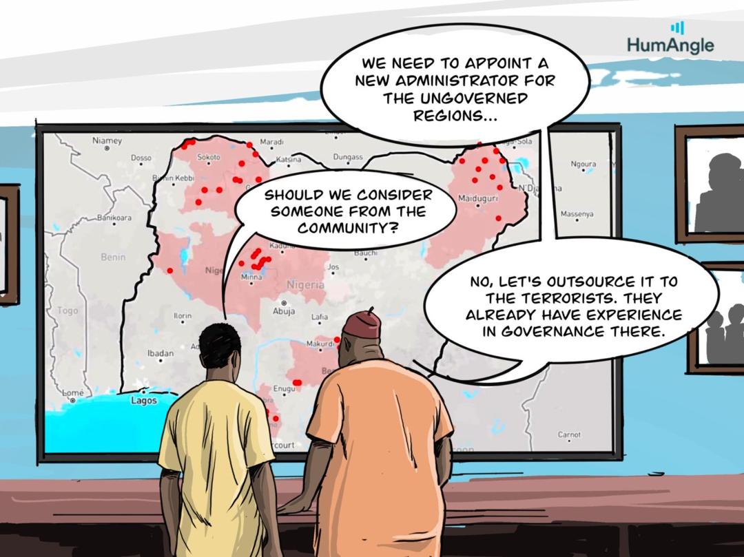 Two people discuss appointing a new administrator for ungoverned regions, sarcastically suggesting outsourcing to terrorists on a map background.