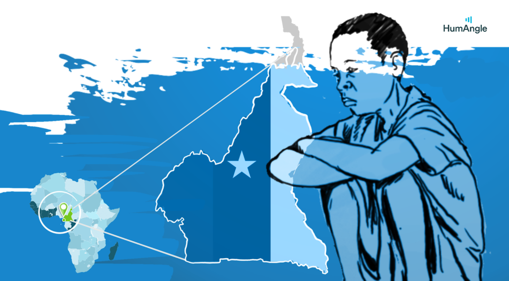Drawing of a pensive child overlaid on a map of Cameroon with a highlighted location in Africa. HumAngle logo in the corner.