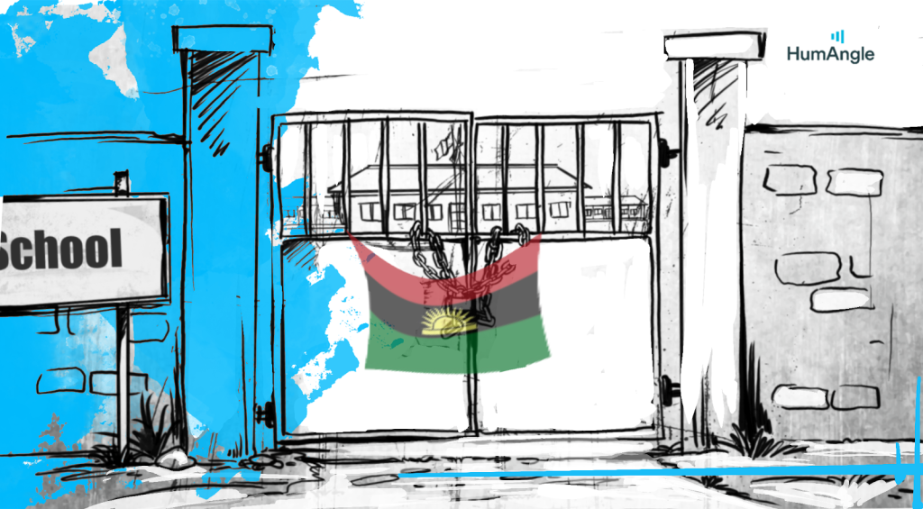 Illustration of a locked school gate with chains and a flag, set against a blue and white background.