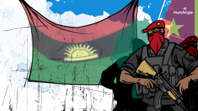 Illustration of masked individuals with rifles in front of a red, black, and green flag with a yellow symbol.