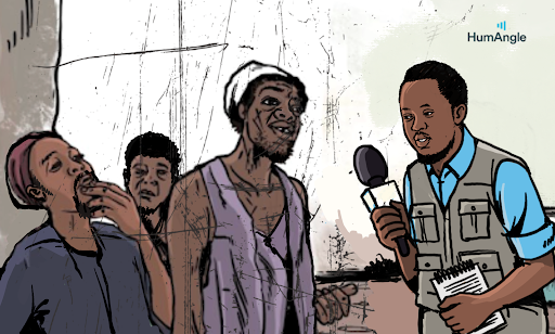 Illustration of a journalist interviewing three people outdoors. One holds a microphone, and another is eating, with a notepad in hand.