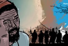 Illustration of a worried man in the foreground with a group of silhouetted armed figures against a moody sky in the background.