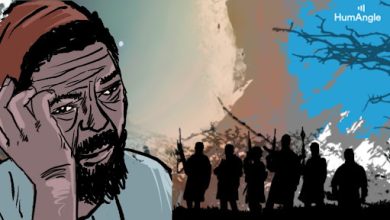 Illustration of a worried man in the foreground with a group of silhouetted armed figures against a moody sky in the background.