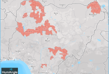 Map of Nigeria highlighting areas in red, indicating regions likely affected by a specific issue. Major cities and borders are visible.