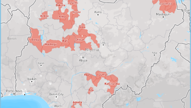 Map of Nigeria highlighting areas in red, indicating regions likely affected by a specific issue. Major cities and borders are visible.