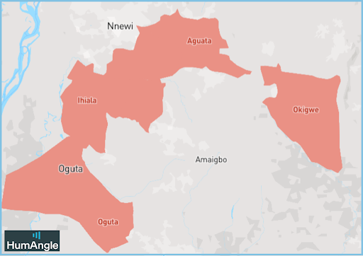 Map highlighting areas of Nnewi, Ihiala, Oguta, Aguata, Okigwe, and Oguta in red, with Amaigbo in the center.
