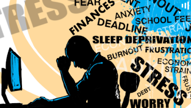 Silhouette of a stressed person at a computer surrounded by words like anxiety, finances, and worry.