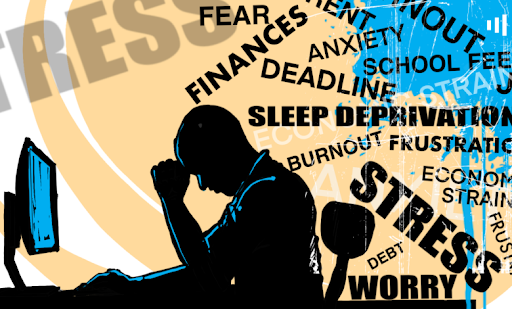 Silhouette of a stressed person at a computer surrounded by words like anxiety, finances, and worry.