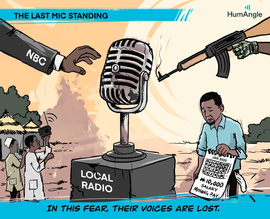 A giant microphone labeled "Local Radio" is surrounded by people, a gun, and a hand labeled "NBC." Text reads: "In this fear, their voices are lost."