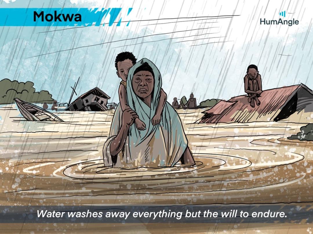 A person carries a child through floodwater, with submerged houses and boats. Text reads, "Water washes away everything but the will to endure."