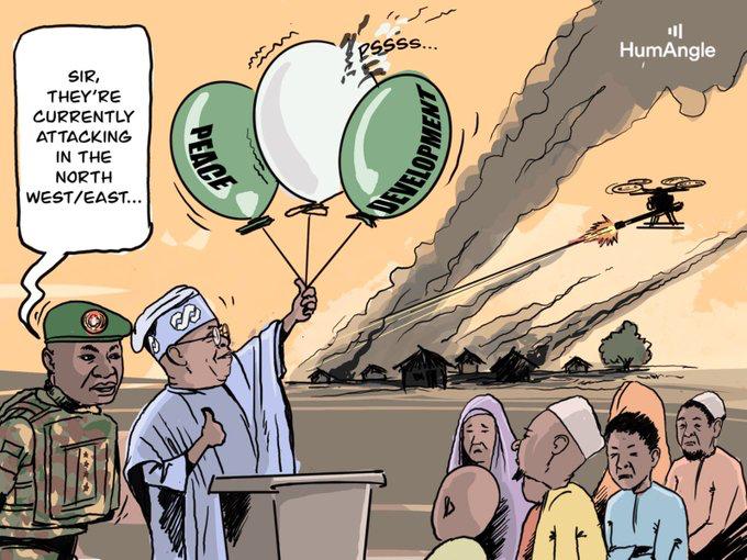 Cartoon of a leader with "Peace" and "Development" balloons ignoring helicopter attack; speech bubble asks about conflict in North West/East.