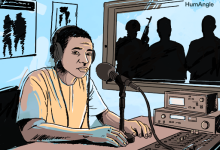 Illustration of a radio host speaking into a microphone, while three armed figures stand outside the studio window.