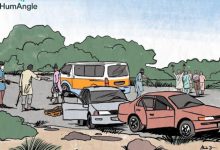 A cartoon illustration shows armed individuals stopping vehicles on a rural road, with passengers standing nearby and raised hands.