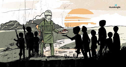 A soldier offers food to silhouetted children in a field at sunset, with clouds in the background.