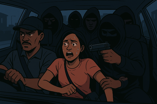 A woman in a car looks scared as a masked person points a gun at her. The driver and three masked figures sit in the back.