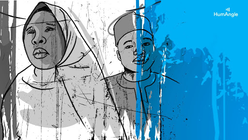 Sketch of two people on an abstract background divided into gray and blue sections with a "HumAngle" logo in the corner.