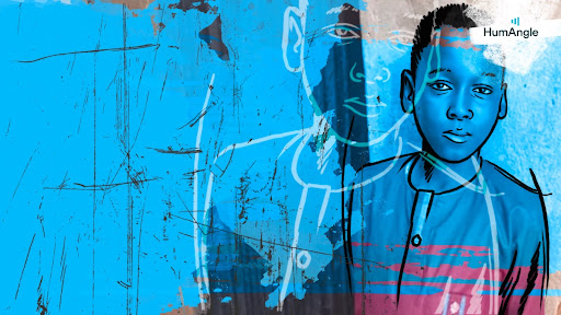 Illustrated portrait of a young boy in blue and red tones, with abstract background and overlapping sketch outlines.