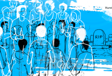 A diverse group of people gather in front of a graveyard, with headstones in the background on a blue and white splattered background.