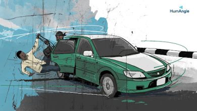 Illustration of a man in a white shirt being pulled into a green car by another person while speeding away from a barrier.
