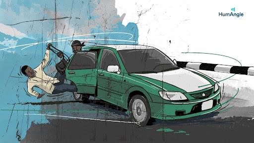 Illustration of a man in a white shirt being pulled into a green car by another person while speeding away from a barrier.