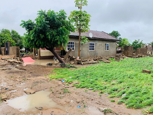 A small house surrounded by floodwater, with a muddy yard and green plants in the foreground, under a cloudy sky.